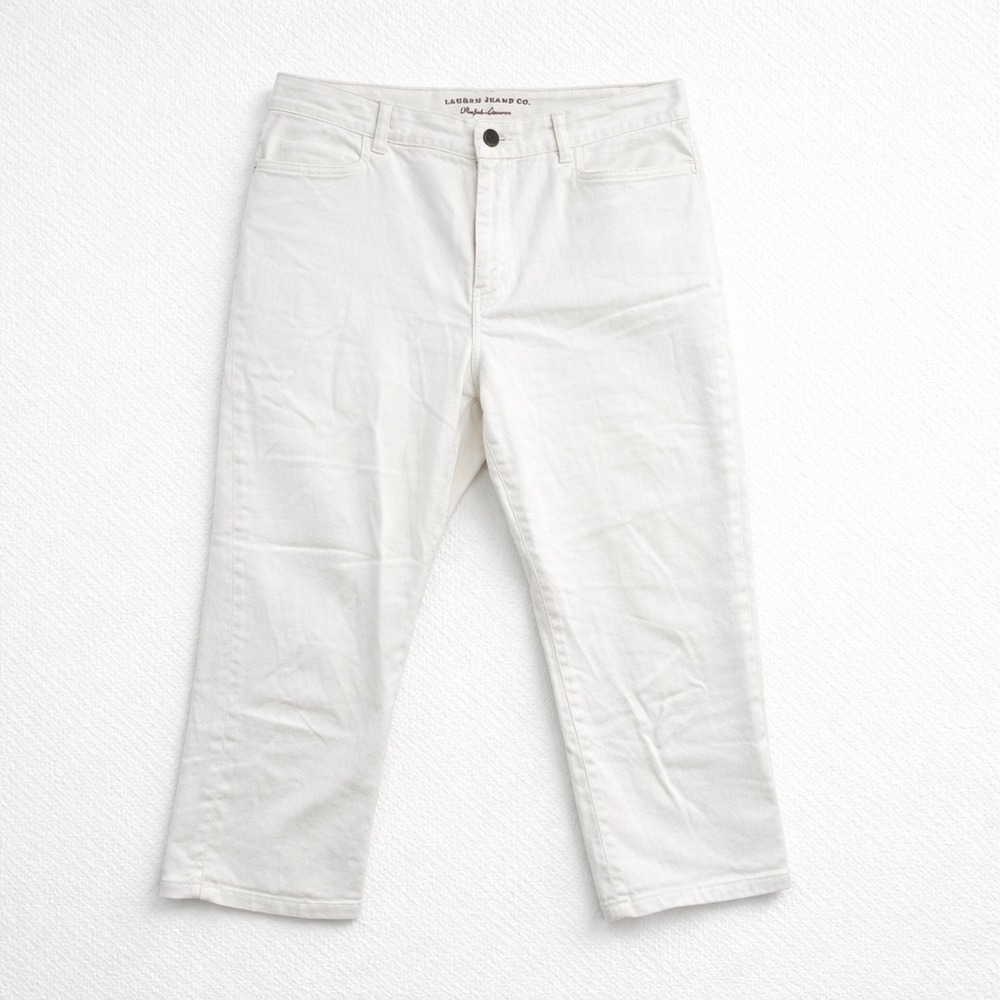 Lauren‎ Ralph Lauren White Denim Cropped Jeans Mid Rise Side Slit Pants Womens 8